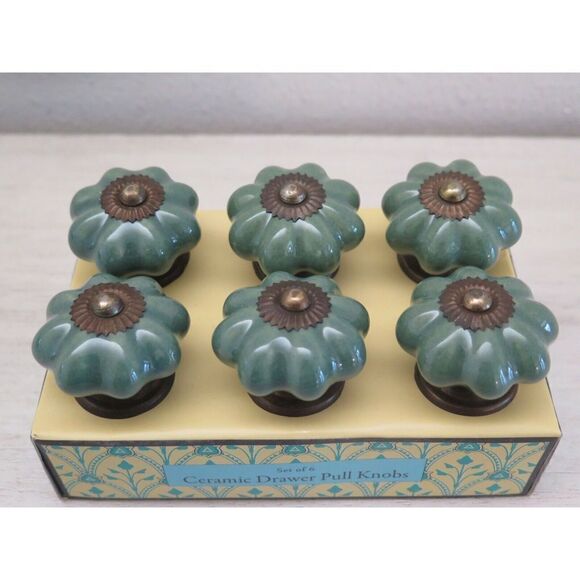 Jaipur Market Green Ceramic Drawer Knobs, Set Of 6 - Picture 1 of 7